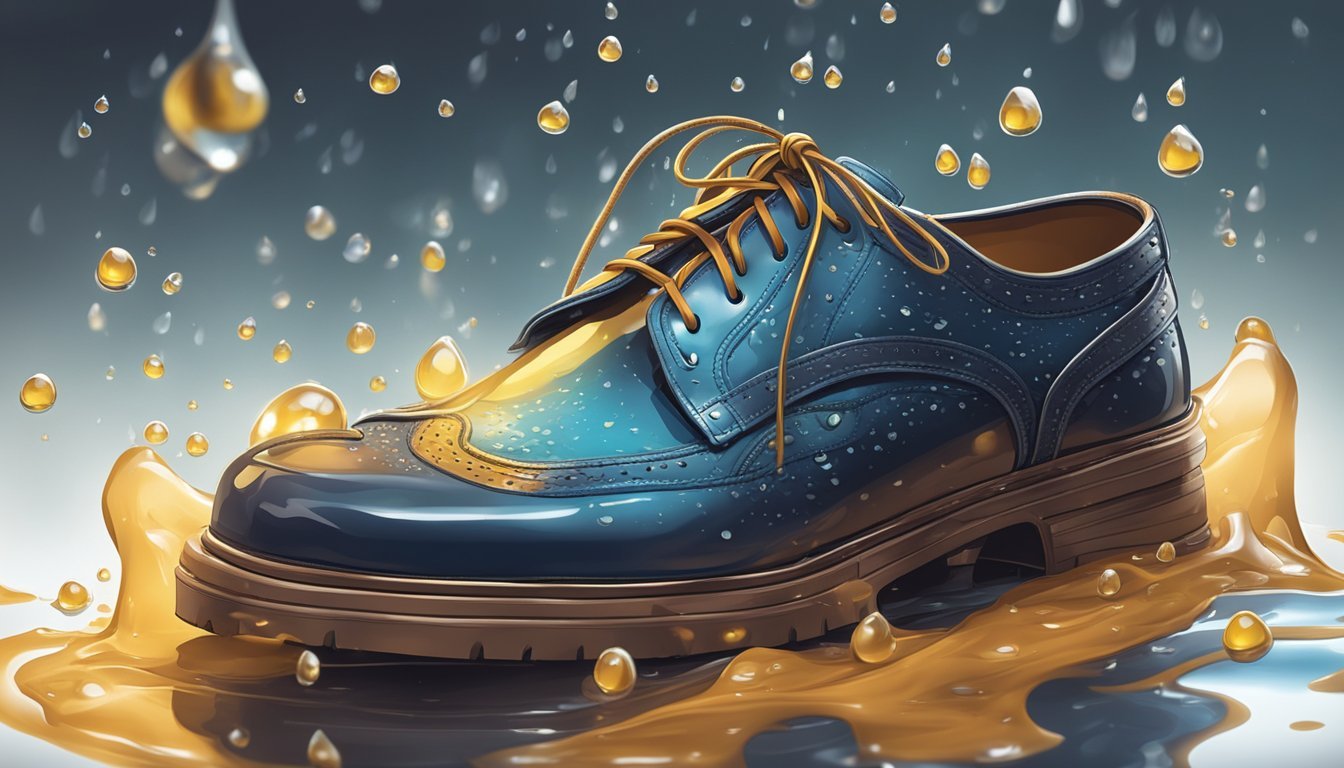 Leather shoes being soaked in a liquid solution, with droplets visible on the surface