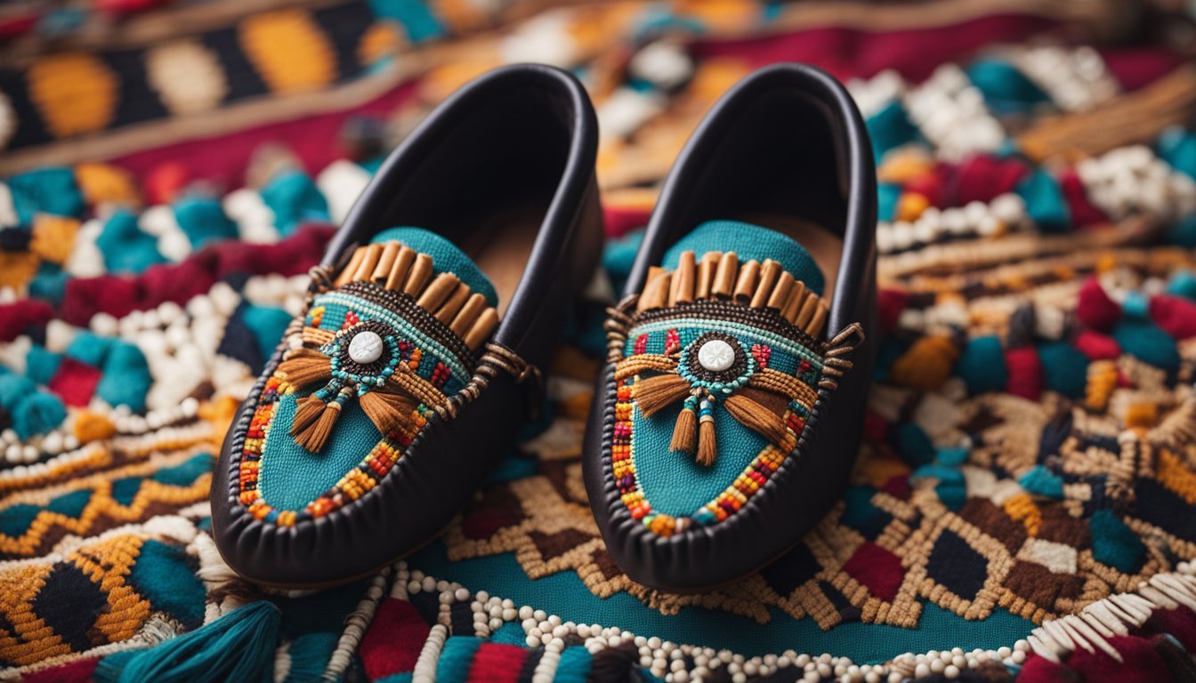 A pair of intricately beaded moccasins sit on a vibrant, patterned rug, surrounded by traditional Native American symbols and artifacts