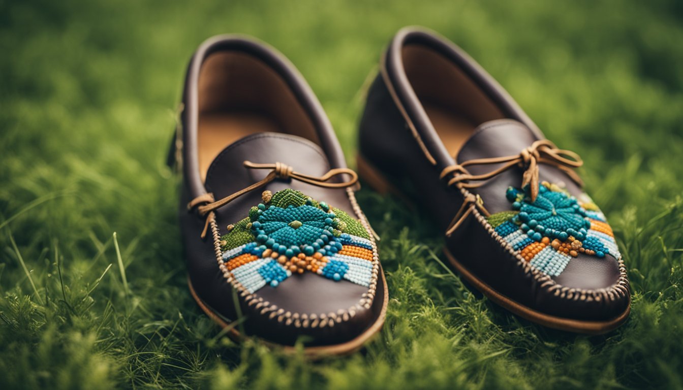 A pair of moccasins laid on a grassy ground, adorned with intricate beadwork and soft, supple leather