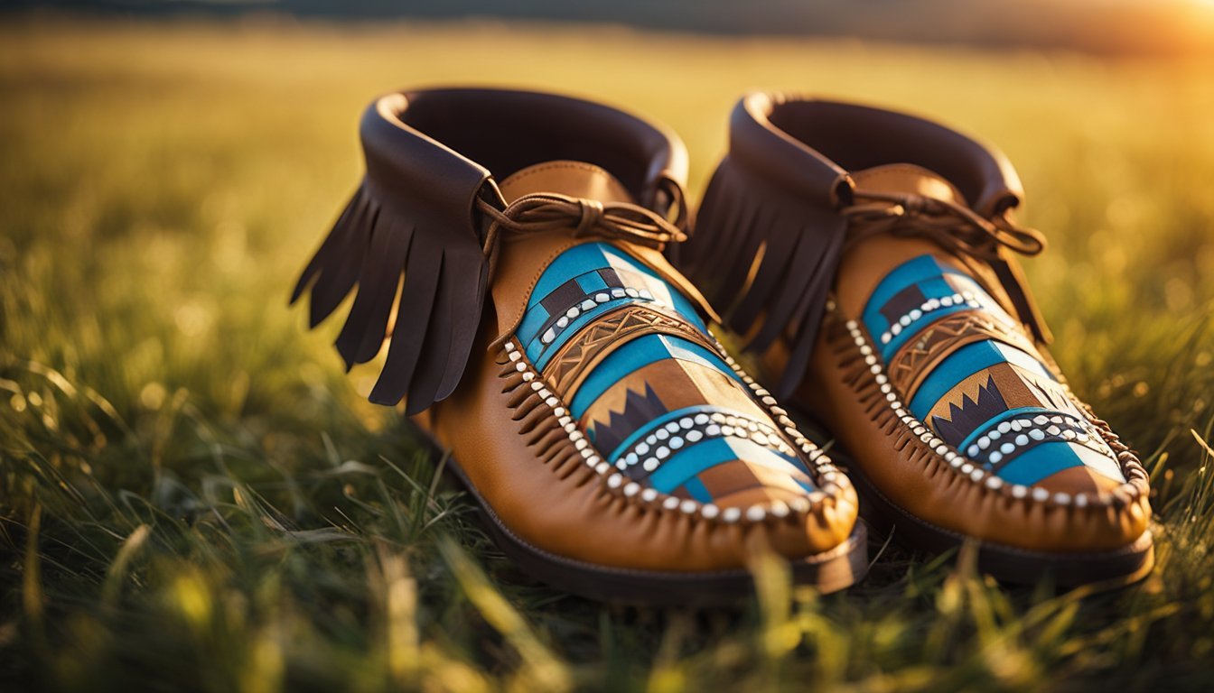 A pair of moccasins sits on a grassy plain, surrounded by traditional Native American symbols and patterns. The sun sets in the background, casting a warm glow over the scene