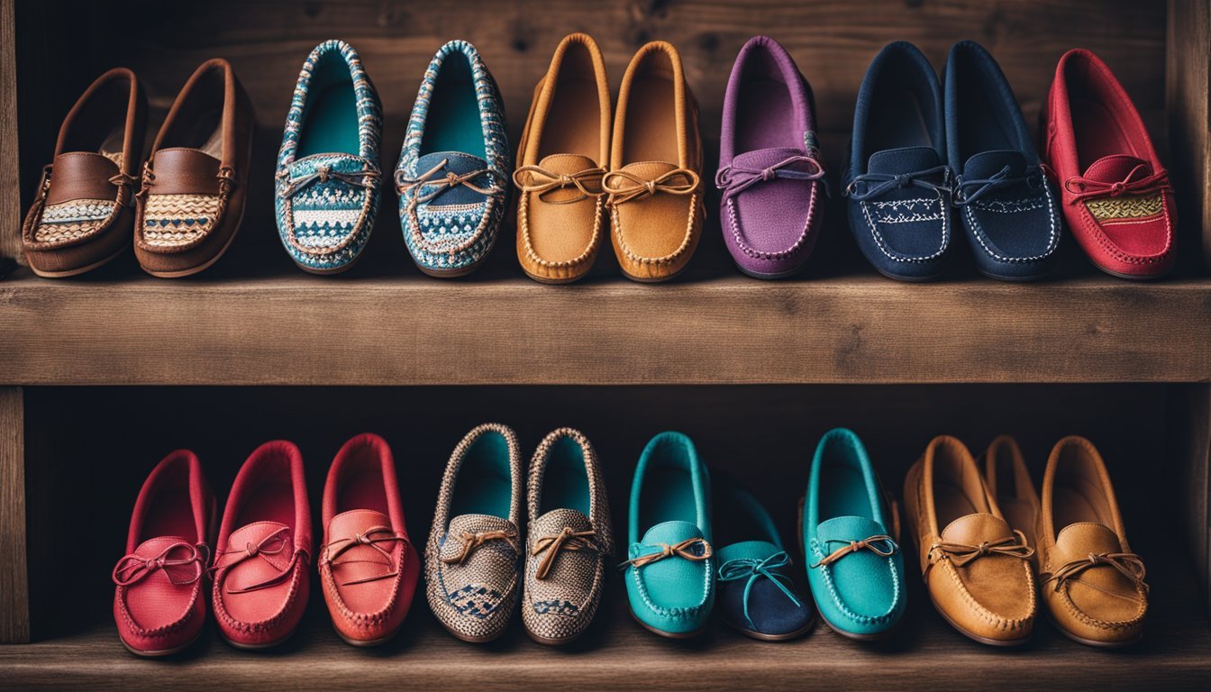 A collection of moccasins in different colors and patterns displayed on a rustic wooden shelf