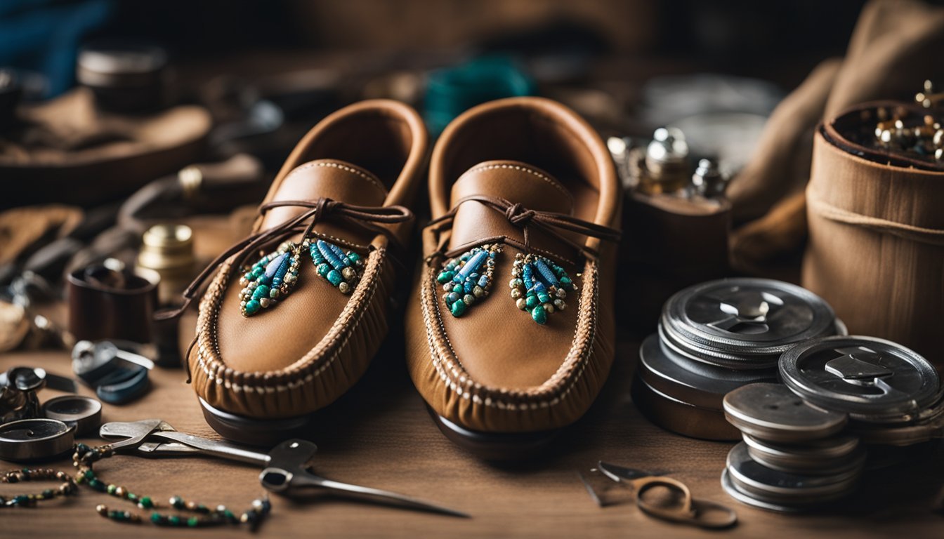 A pair of moccasins being hand-stitched with leather and adorned with intricate beadwork, surrounded by tools and materials on a workbench
