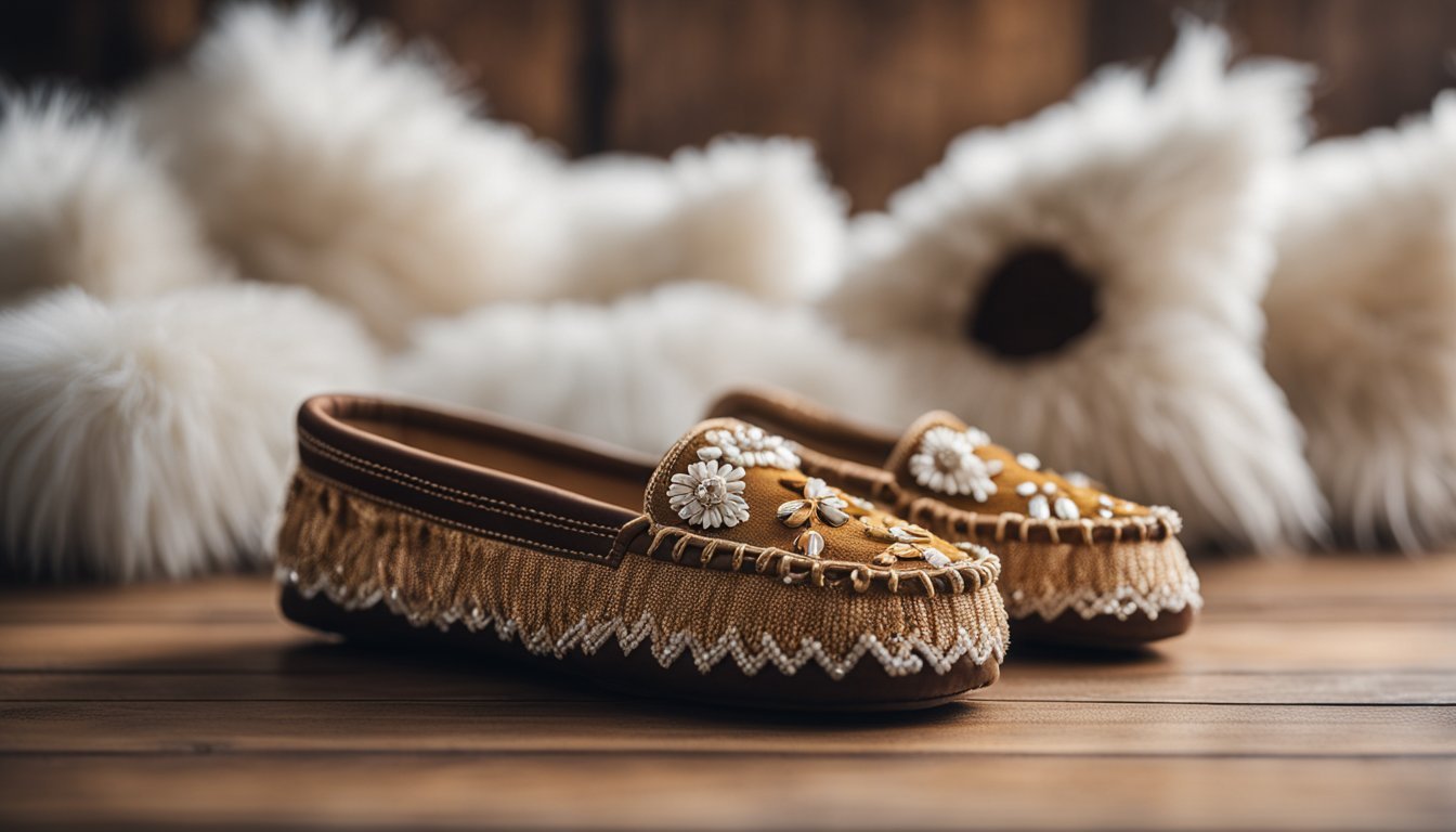 A pair of moccasins sitting on a wooden floor, with a soft, fur lining and intricate beadwork on the top