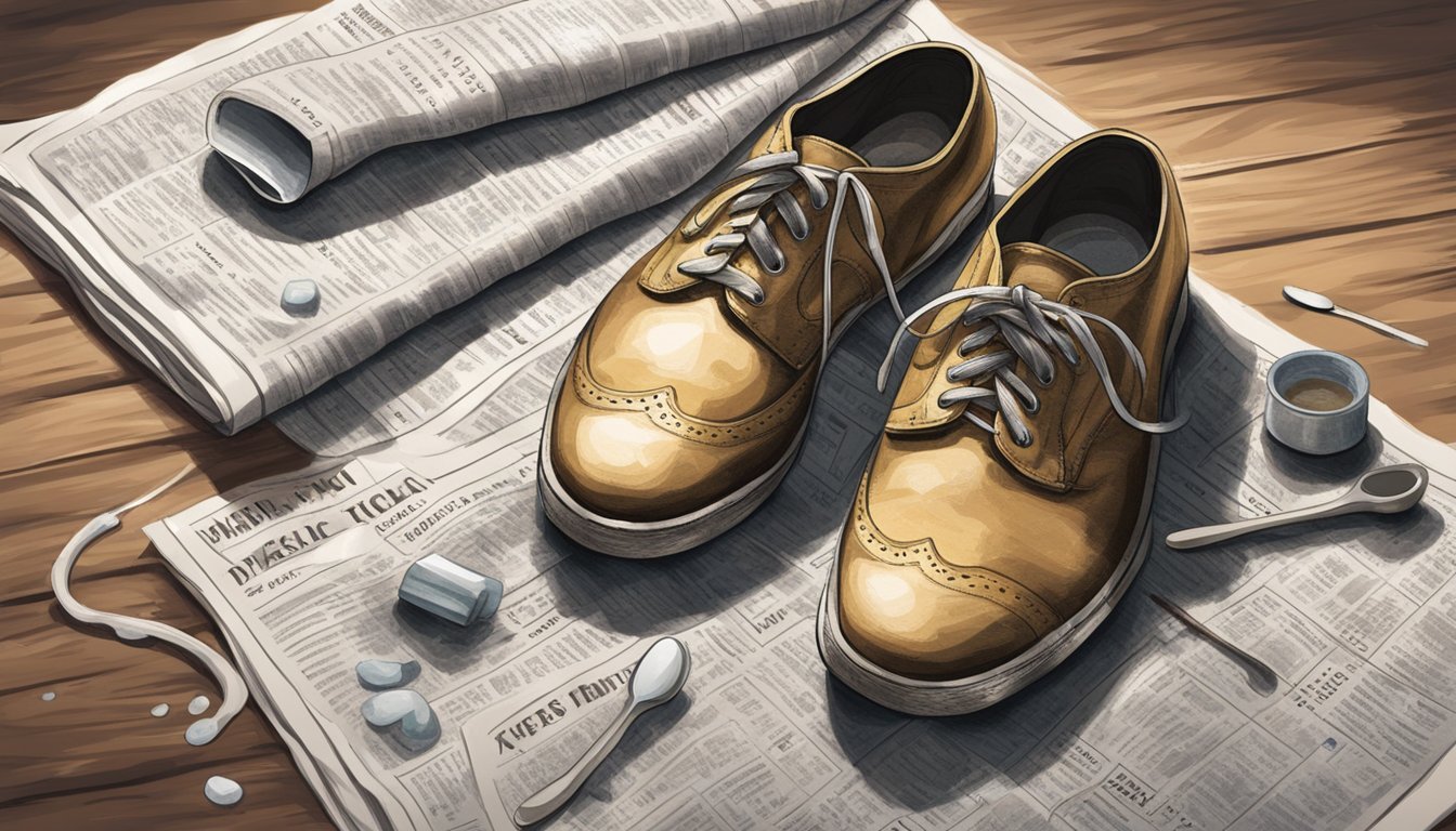 A pair of dirty shoes on a newspaper-covered surface. A bowl of soapy water, a toothbrush, and a towel nearby