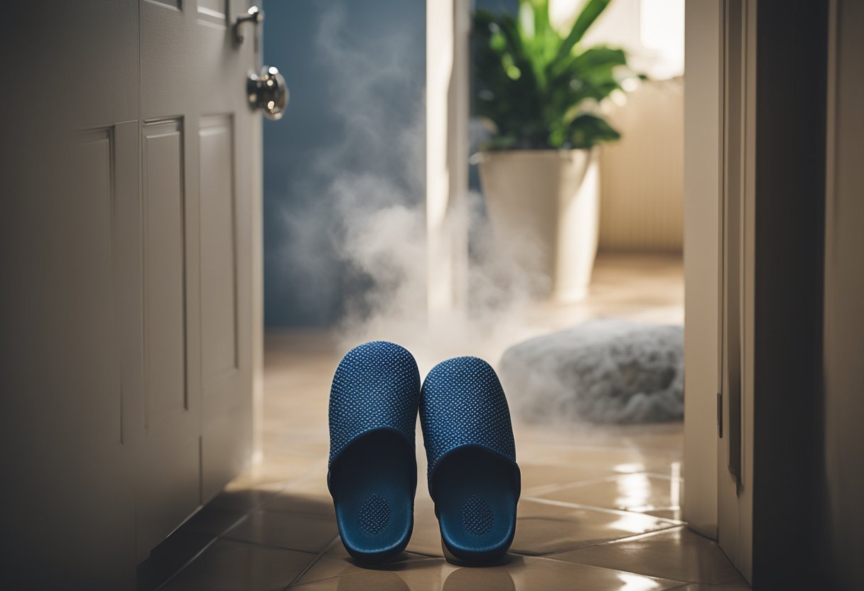 Slippers placed outside a doorway, steam rising from a nearby shower