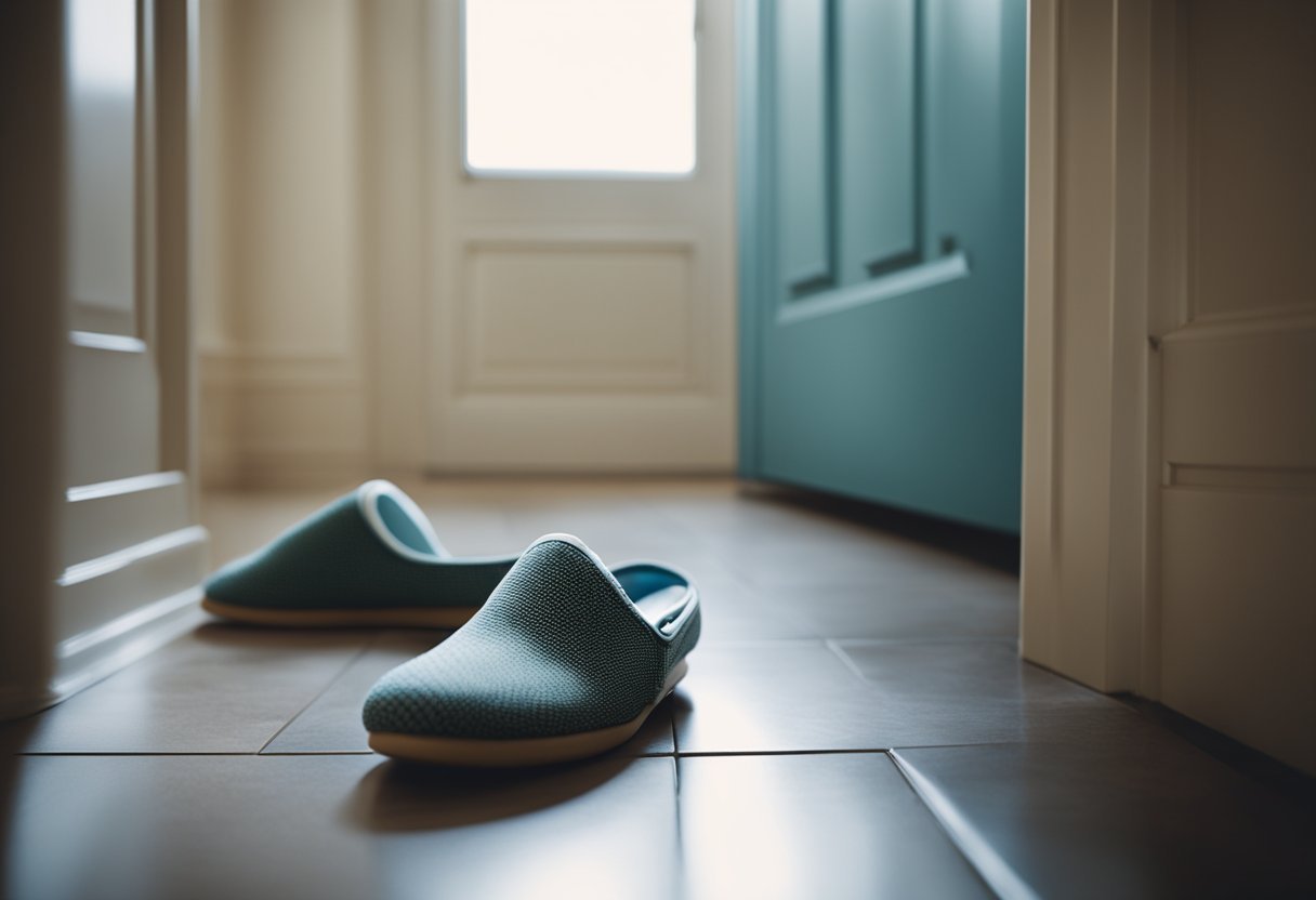 Slippers placed outside a door, steam rising from a bathroom