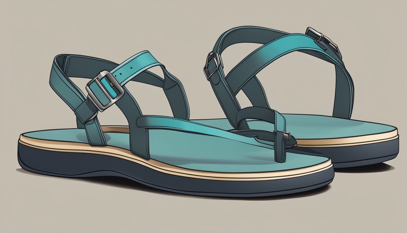 A sandal placed on a flat surface, with straps snugly secured and footbed comfortably supporting the arch and toes