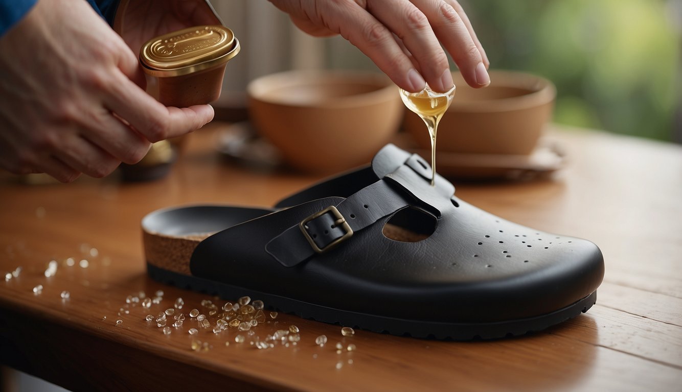 A hand pours mild soap onto a damp cloth, then gently wipes the cork footbed and leather straps of a pair of Birkenstock sandals