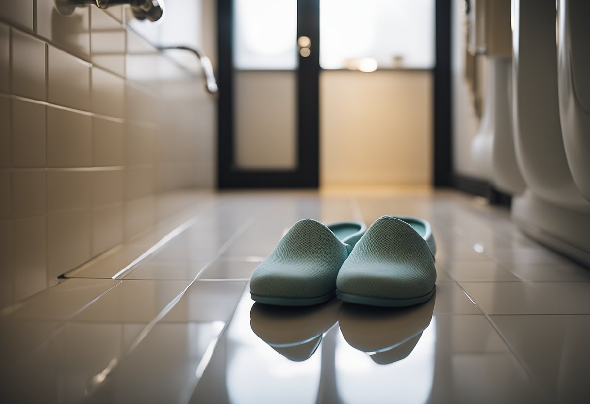 Slippers placed outside a bathroom door, steam rising from within