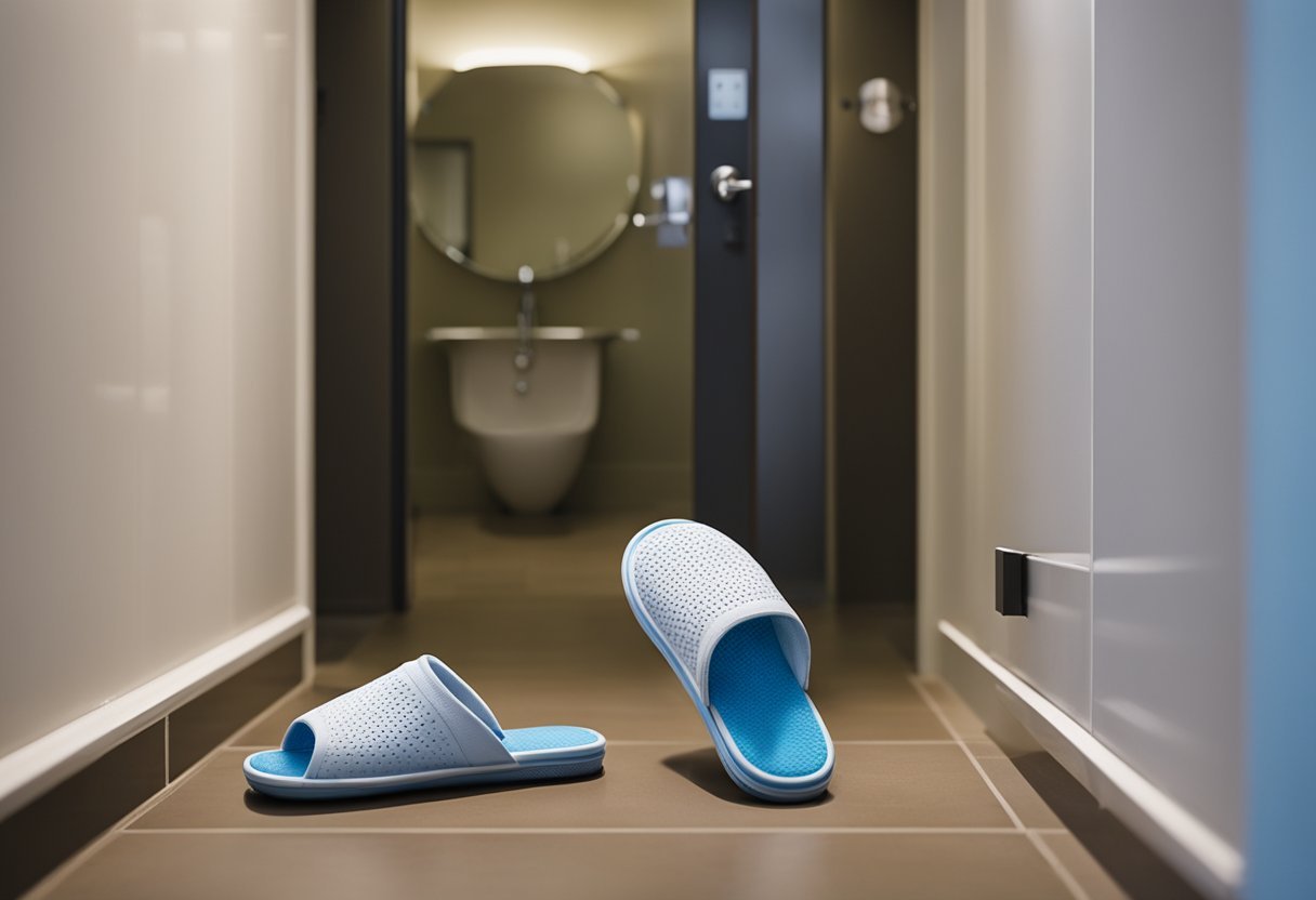 Slippers placed outside a bathroom door, steam escaping from under the door