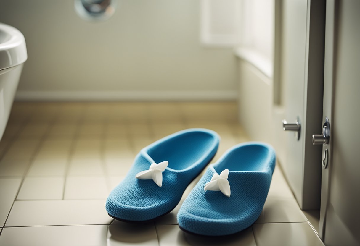 Slippers placed outside a bathroom door, signaling a private space for showering
