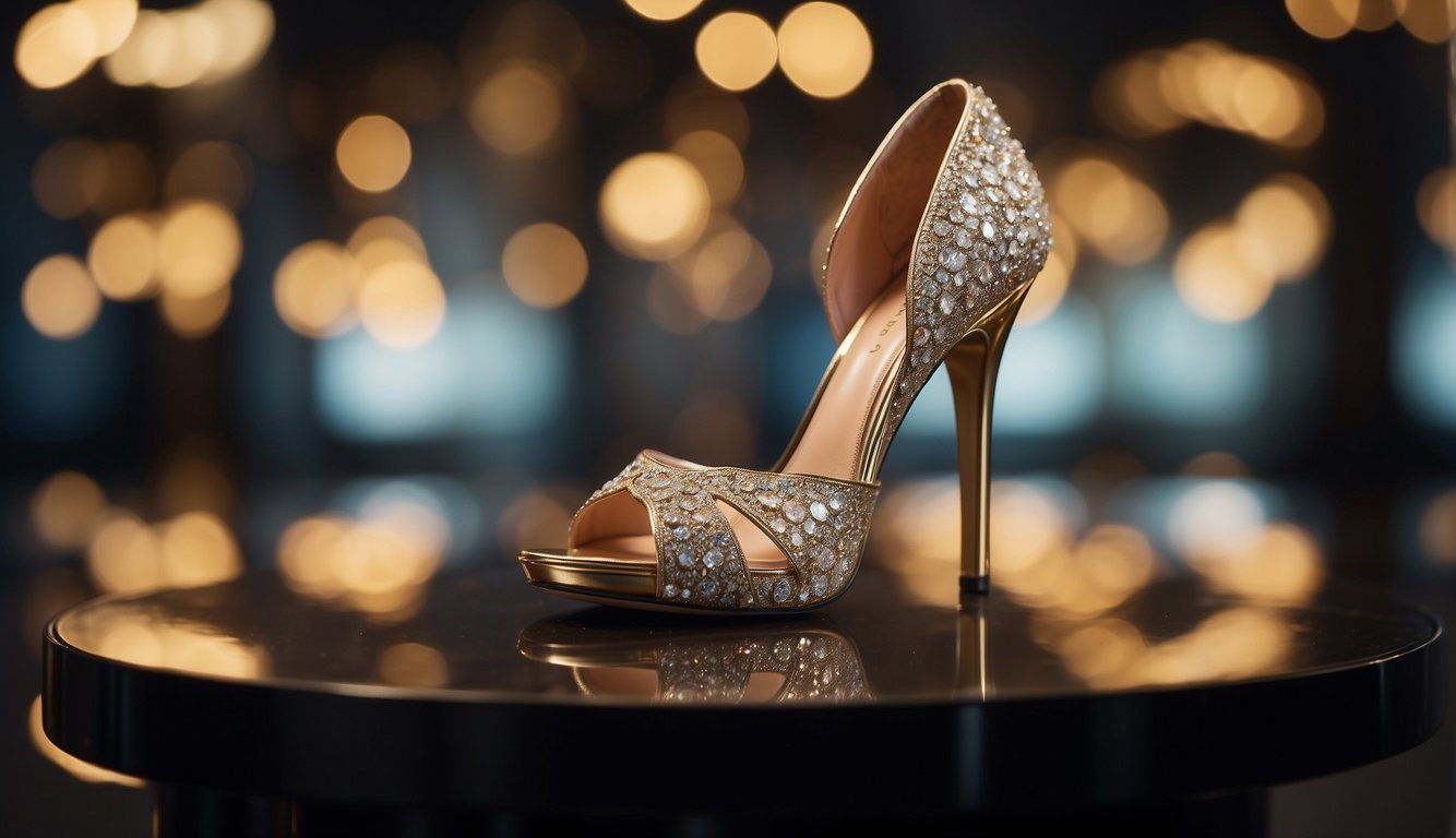 A high heel slipper stands tall on a pedestal, showcasing its elegant design and towering heel