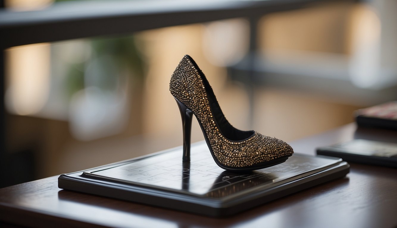 A high heel slipper stands on a ruler, measuring its height