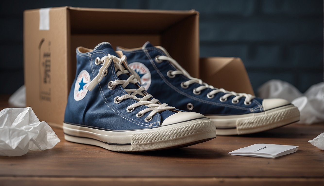 Real Converse: Crisp, sturdy box with clear branding. Shoes neatly arranged inside, with tissue paper and tags.
Fake Converse: Flimsy, generic box with misspelled logo. Shoes haphazardly placed, no tags