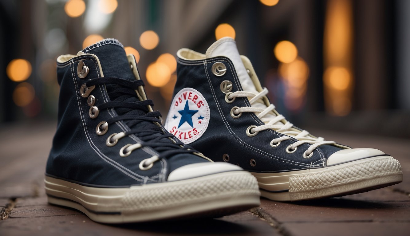 A side-by-side comparison of fake and real Converse sneakers, showing differences in quality, materials, and details