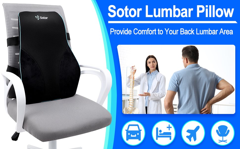 Sotor Pillow, Memory Foam Back Support Cushion Lumbar Support for Office Chair, Car Seat, Recliner, with Extension Strap and Carry Bag Black