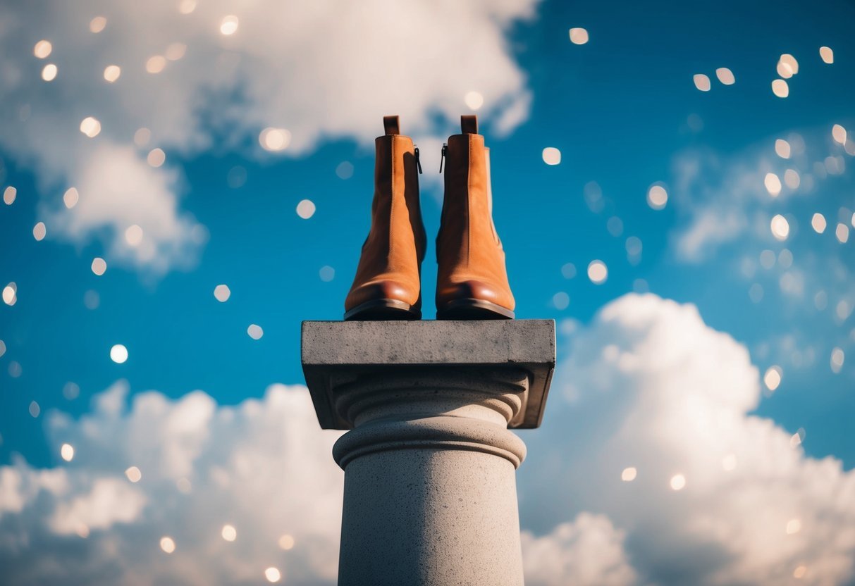 A pair of ankle boots stands tall on a pedestal, surrounded by dreamy clouds and stars, symbolizing personal empowerment and ambition