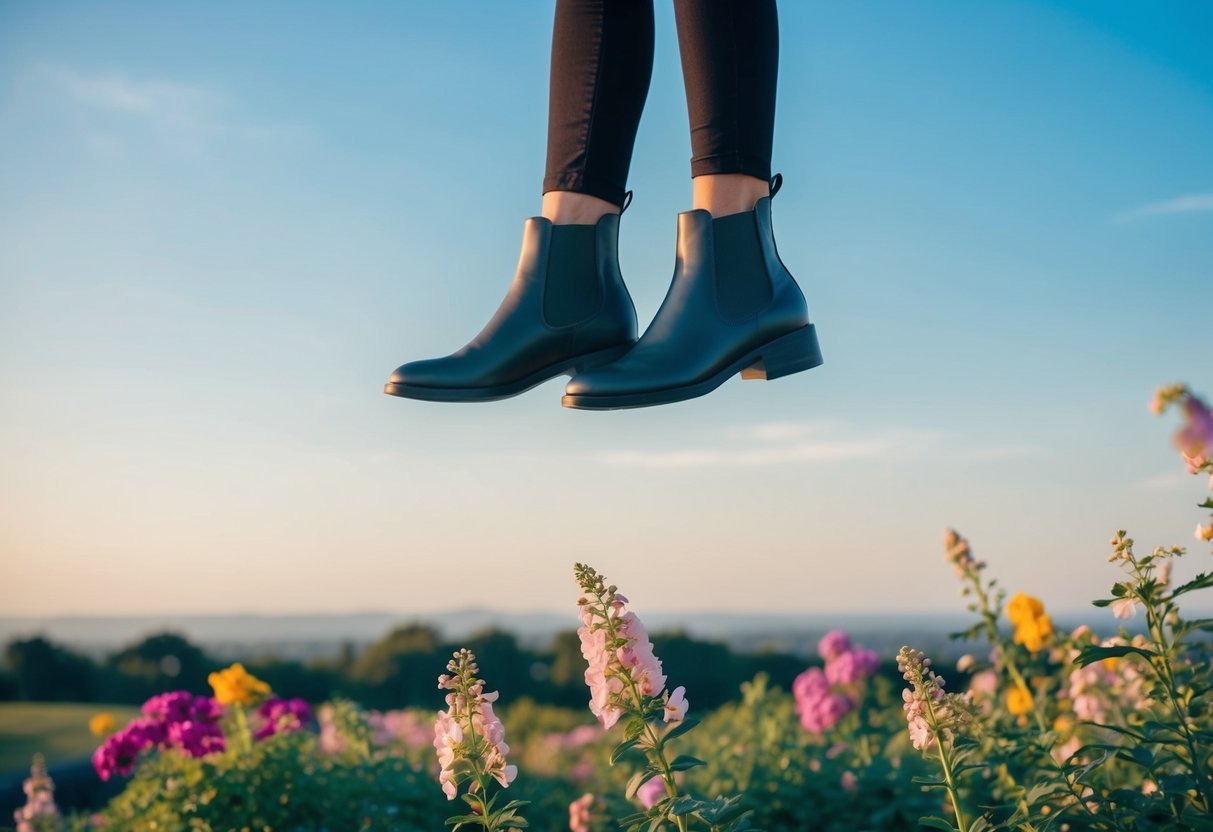 A pair of ankle boots floating above a serene landscape, surrounded by vibrant, blooming flowers and a clear, blue sky