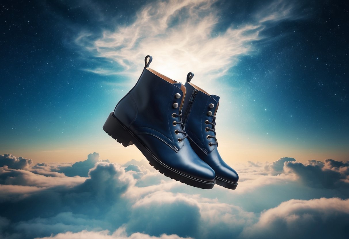 A pair of ankle boots floating in a surreal, dreamlike landscape, surrounded by clouds and stars, with a sense of mystery and wonder