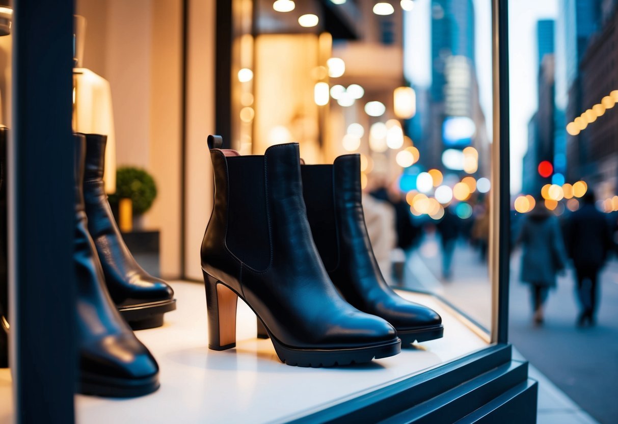 Ankle boots displayed in a fashion boutique window, surrounded by city lights and a bustling street scene