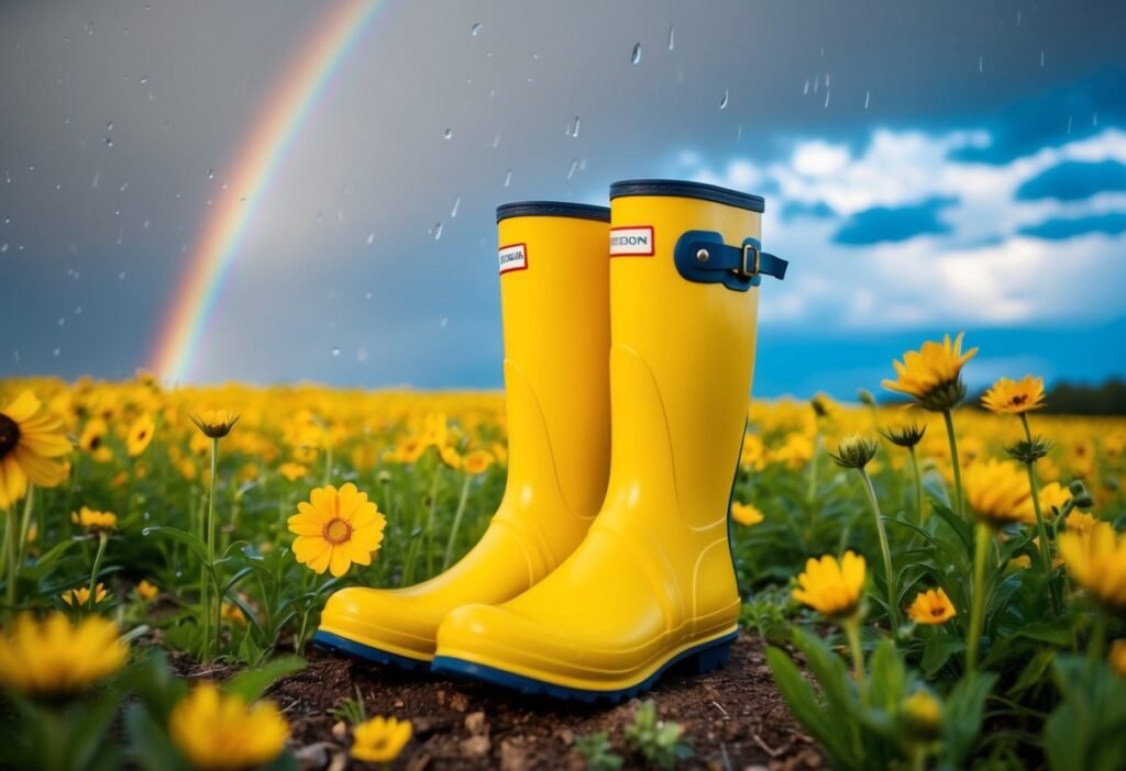 A pair of bright yellow rubber boots stand in a field of wildflowers, surrounded by raindrops and a rainbow in the sky