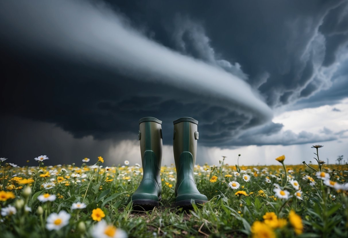 A pair of rubber boots stand alone in a field of blooming flowers, surrounded by swirling gusts of wind and dark storm clouds overhead