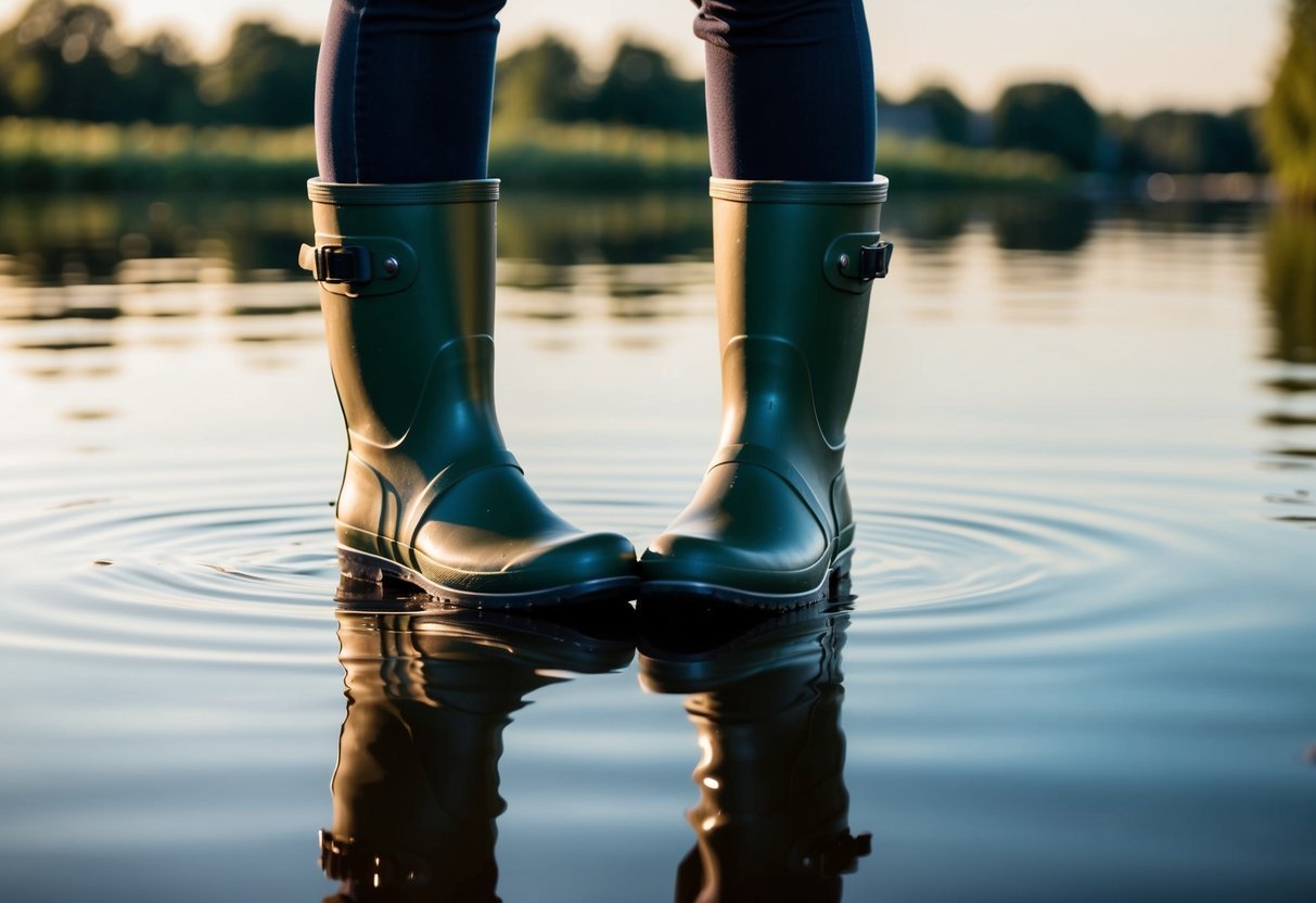 A pair of rubber boots floating on calm, reflective water