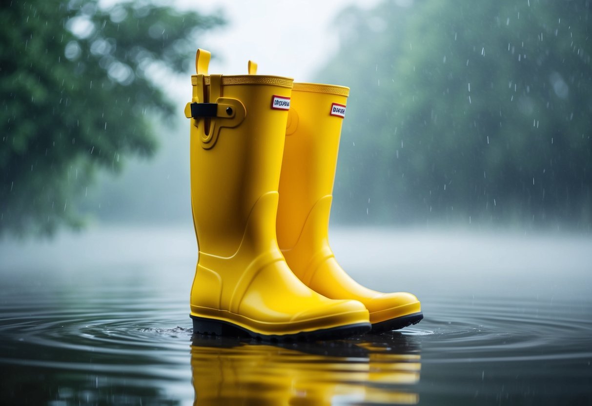 A pair of bright yellow rubber boots floating in a serene, misty dreamscape with a gentle rain falling around them