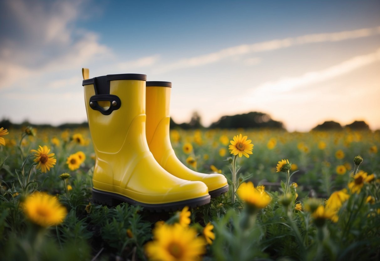 A pair of bright yellow rubber boots sits abandoned in a field of wildflowers, surrounded by the soft glow of sunset