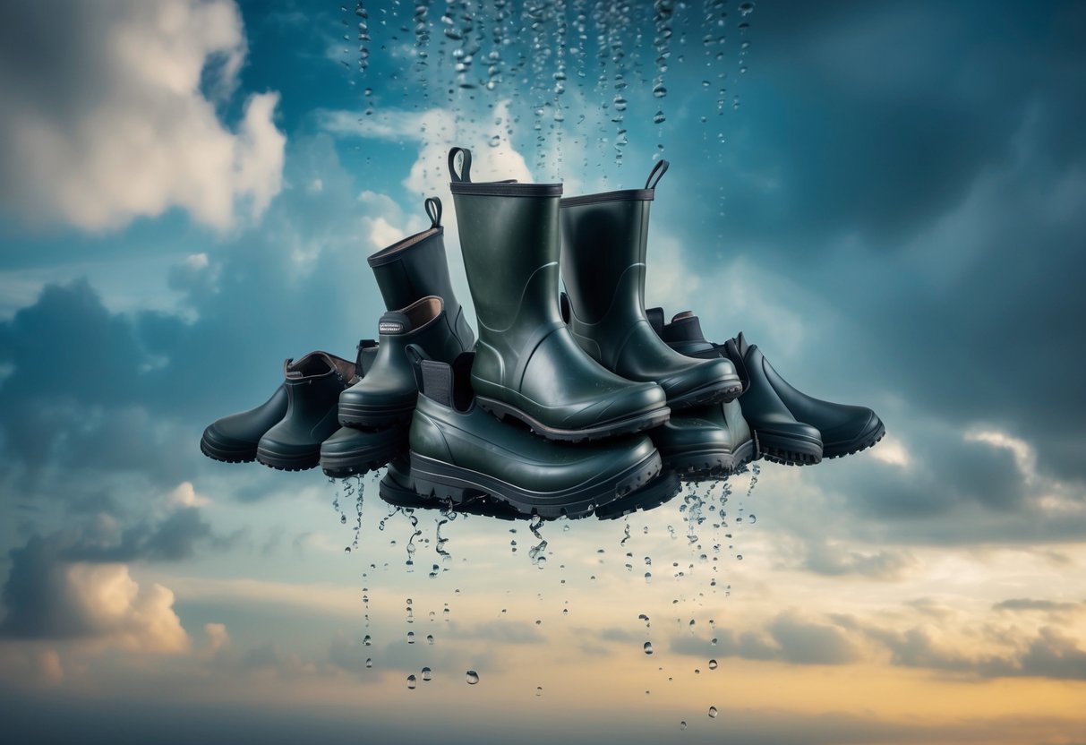 A pile of rubber boots floats in a dreamy, surreal landscape of clouds and raindrops