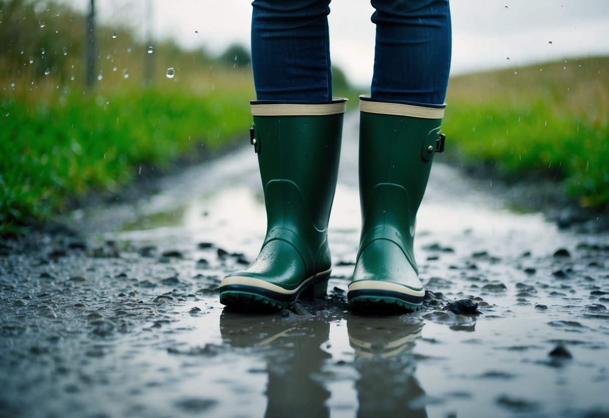 A pair of rubber boots sits on a muddy path, surrounded by raindrops and puddles