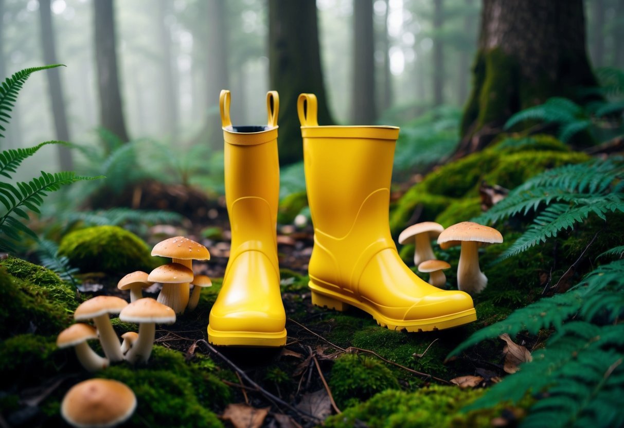 A pair of bright yellow rubber boots sits on a mossy forest floor, surrounded by mushrooms and ferns, with a soft mist in the background