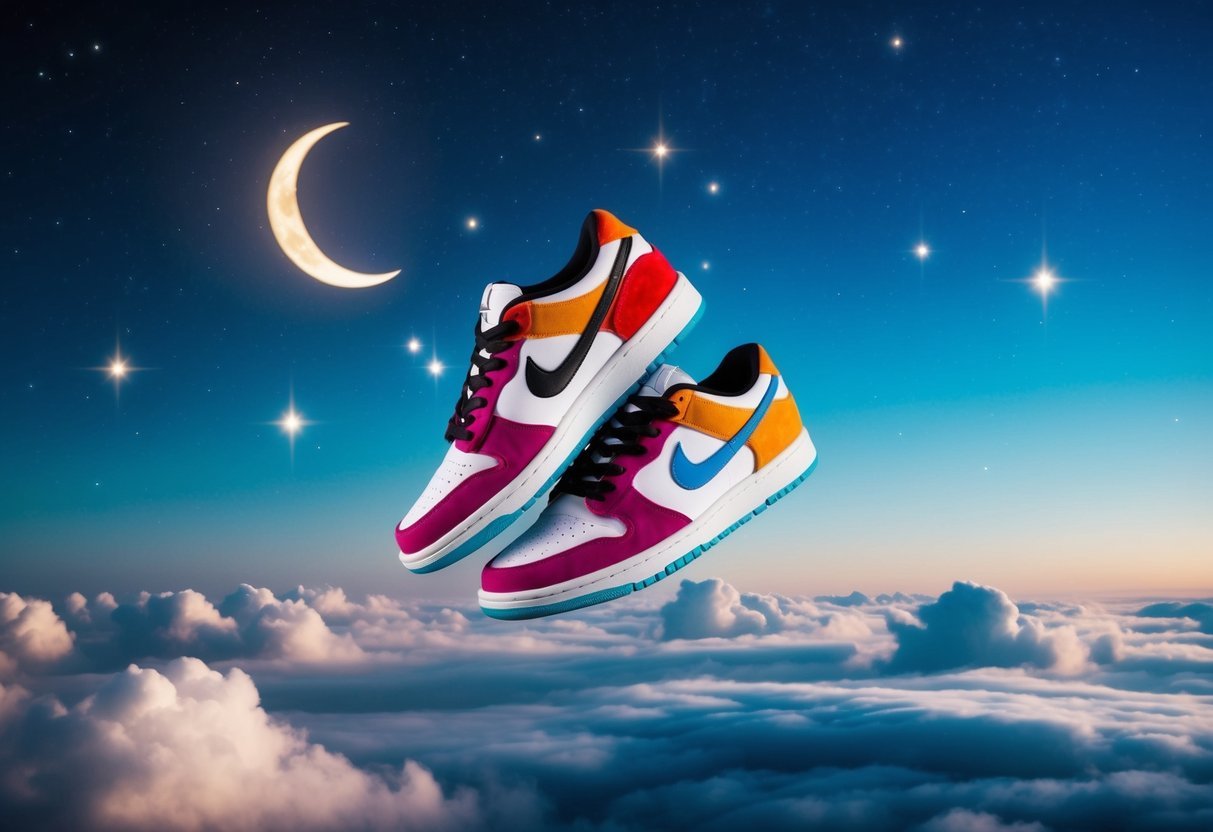 A pair of vibrant sneakers floating above a cloud-like landscape, surrounded by stars and a crescent moon in the night sky