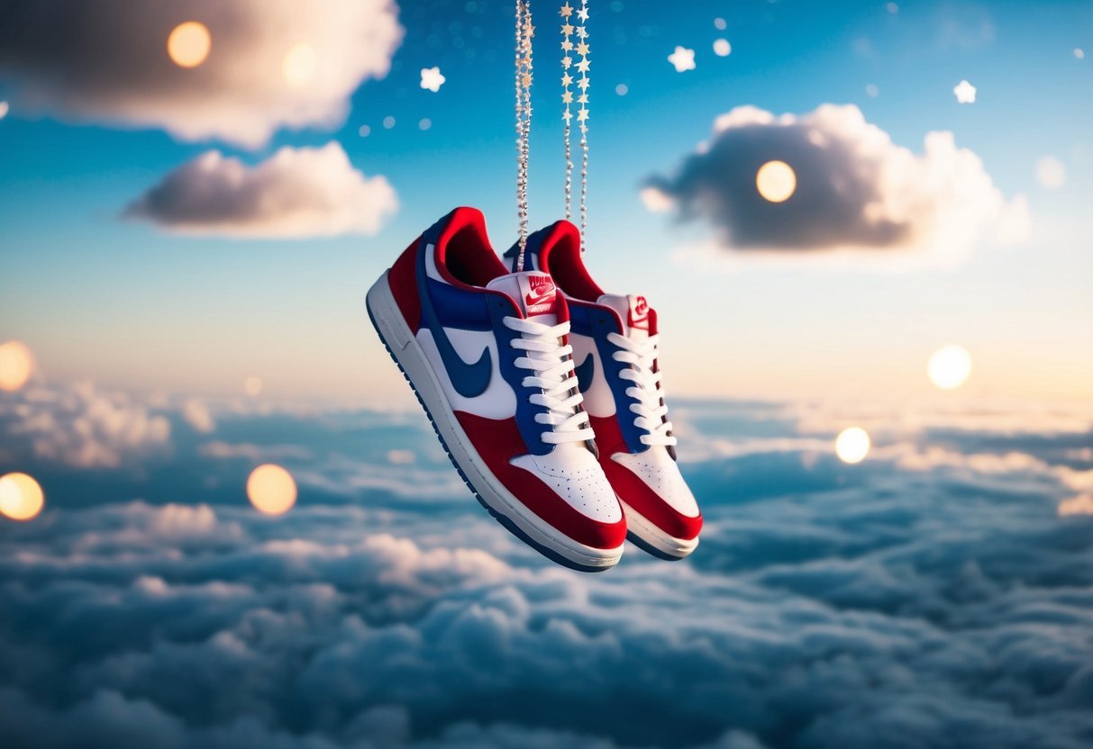 A pair of vibrant sneakers suspended in midair, surrounded by floating clouds and stars