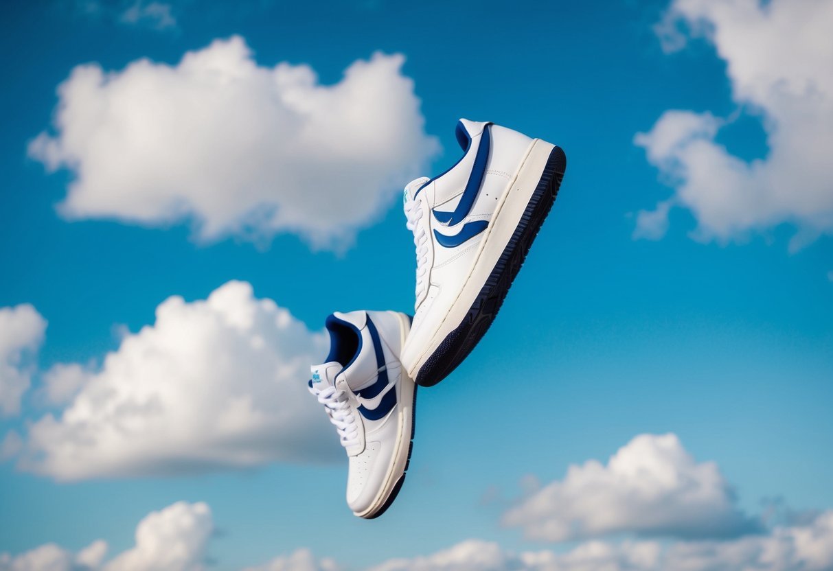 A pair of sneakers floating in a clear blue sky, surrounded by fluffy white clouds