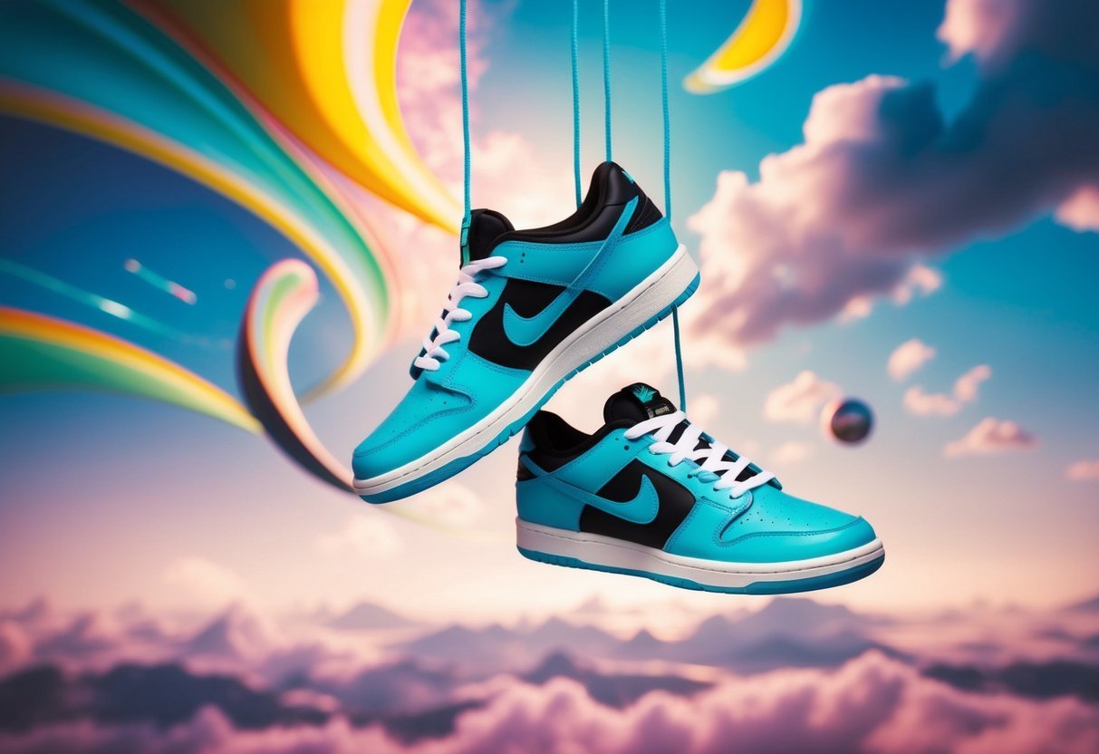 A pair of sneakers suspended in a dreamlike, surreal landscape with swirling colors and abstract shapes