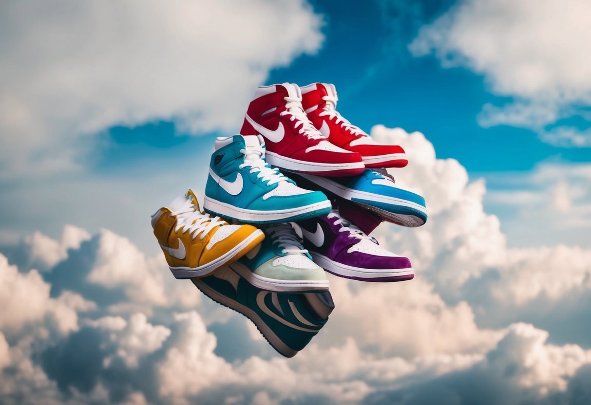 A pile of colorful sneakers floating in a dreamy, cloud-filled sky