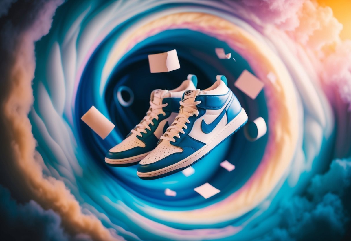 A pair of sneakers floats in a swirling, colorful dreamscape, surrounded by abstract representations of emotions and sensations