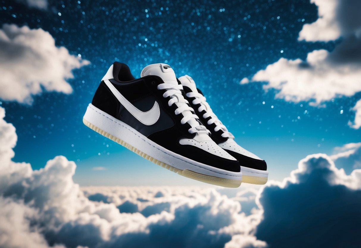 A pair of sneakers floating in a starry night sky, surrounded by clouds and shimmering with a dreamy glow