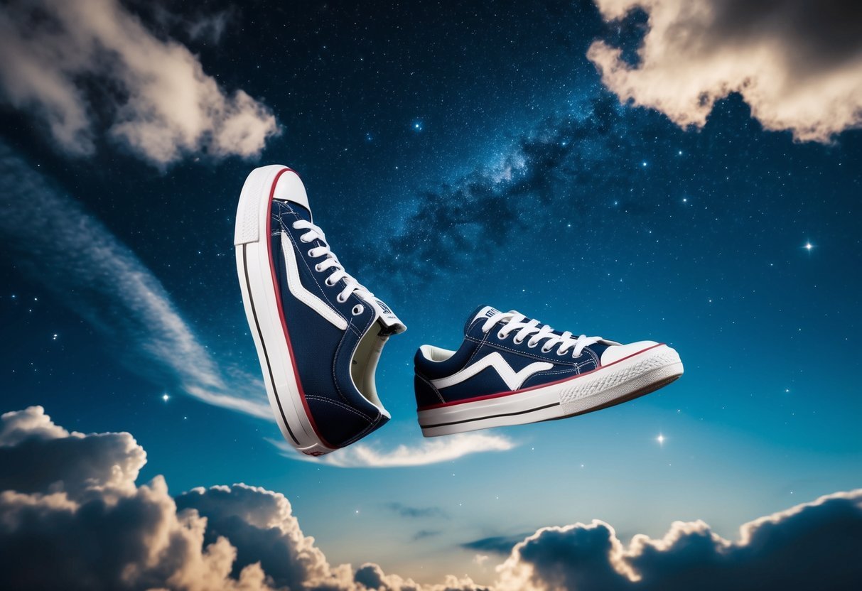 A pair of sneakers floating in a starry night sky, surrounded by swirling clouds and shimmering stars, symbolizing a dreamy journey