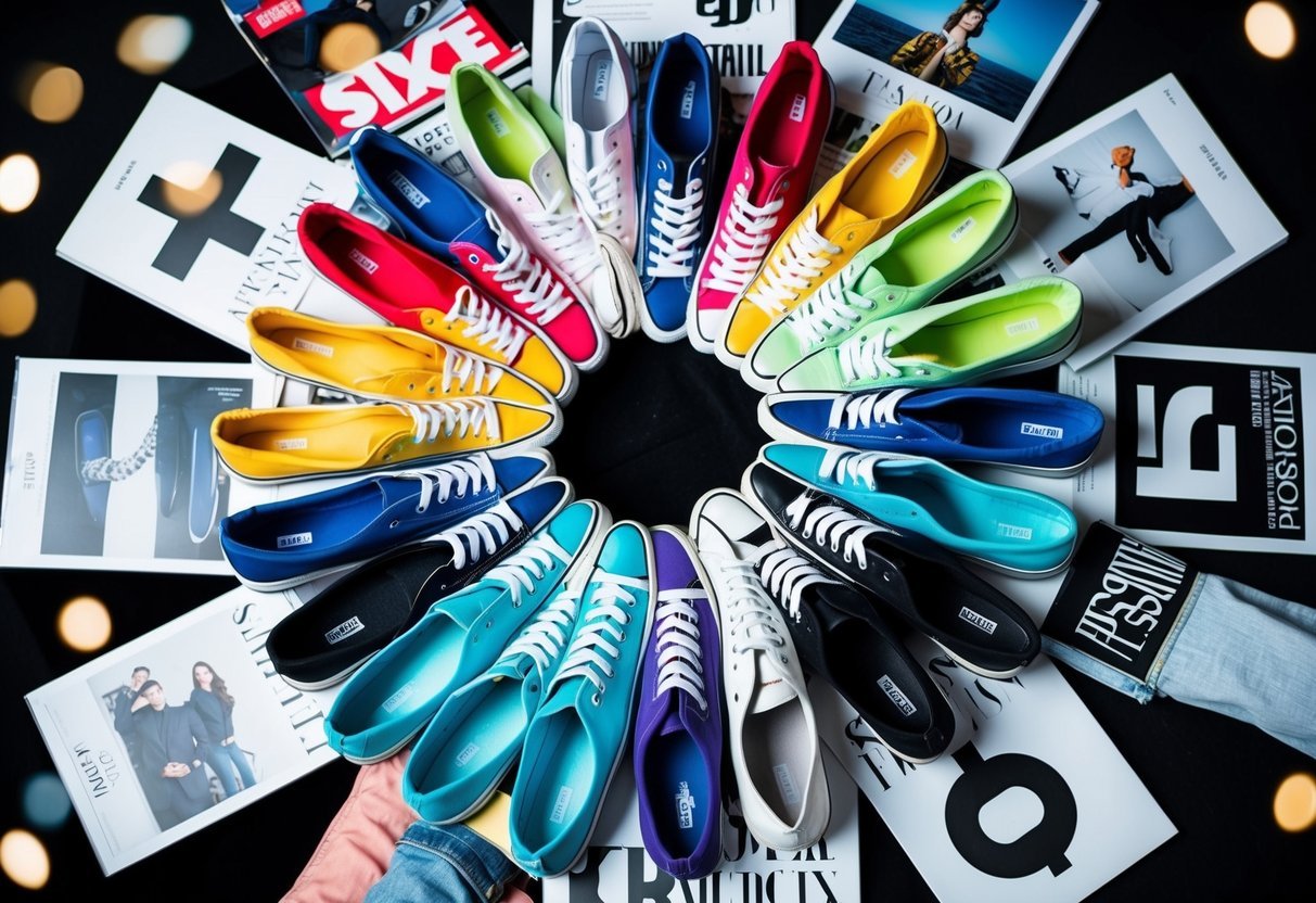 A pile of colorful sneakers arranged in a circular pattern, surrounded by fashion magazines and societal symbols