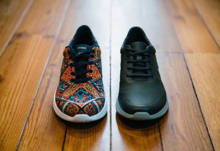 Two different shoes placed side by side on a wooden floor, one with vibrant colors and intricate patterns, the other plain and simple