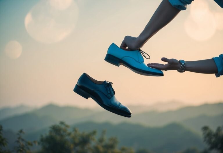 A pair of shoes suspended in mid-air, with one shoe being replaced by another. The setting is surreal and dreamlike, with a hazy, otherworldly quality