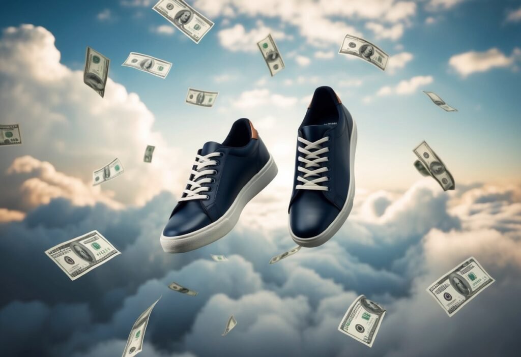 A pair of shoes suspended in a cloud-filled sky, surrounded by floating price tags and dollar bills