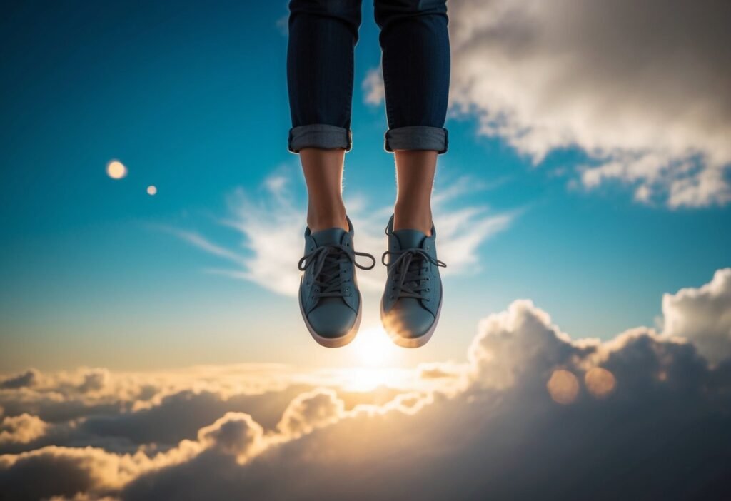 A pair of shoes floating in a cloud-filled sky, with a mysterious glow emanating from them