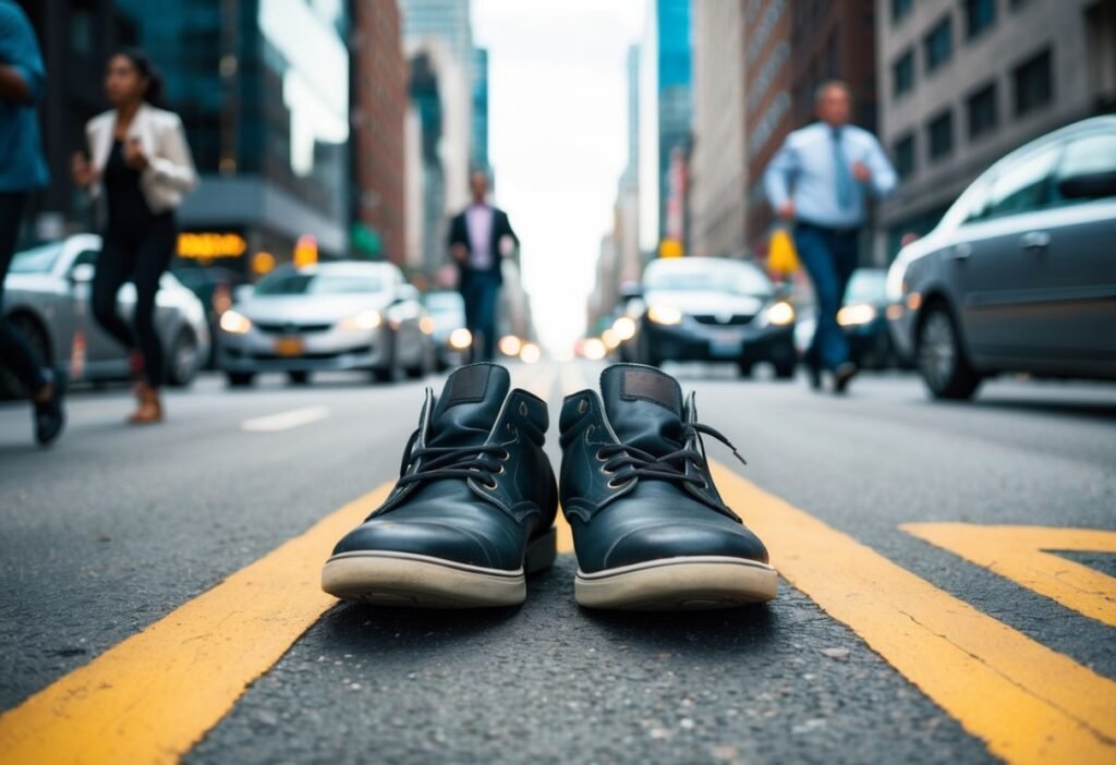 A pair of abandoned shoes lying in the middle of a busy city street, surrounded by rushing pedestrians and cars