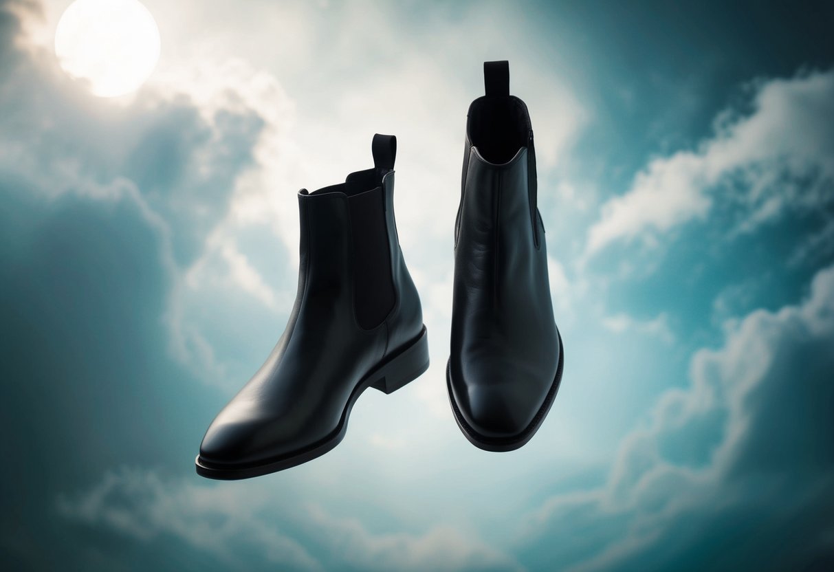 A pair of sleek ankle boots floating in a dreamy, ethereal space with soft, swirling clouds and a hint of moonlight filtering through