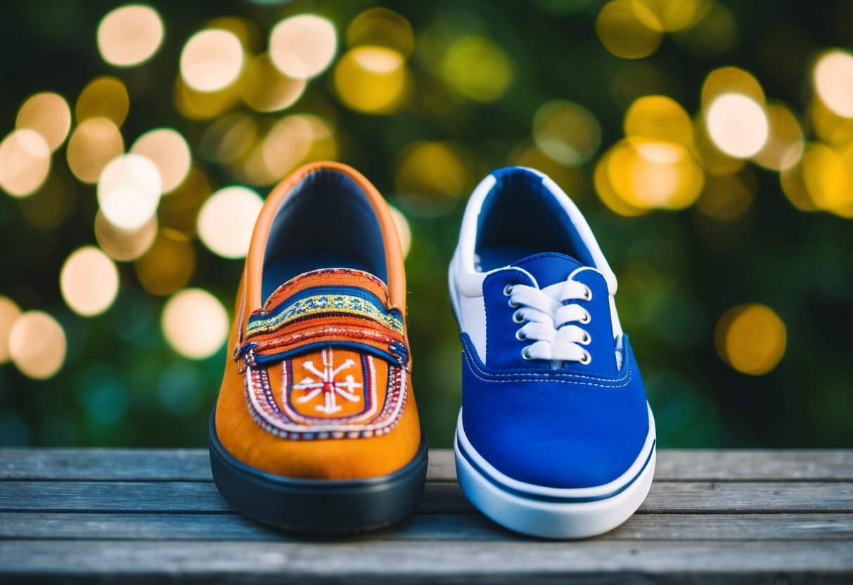 Two different shoes placed side by side, one representing a spiritual tradition and the other symbolizing the wearer's personal spiritual journey