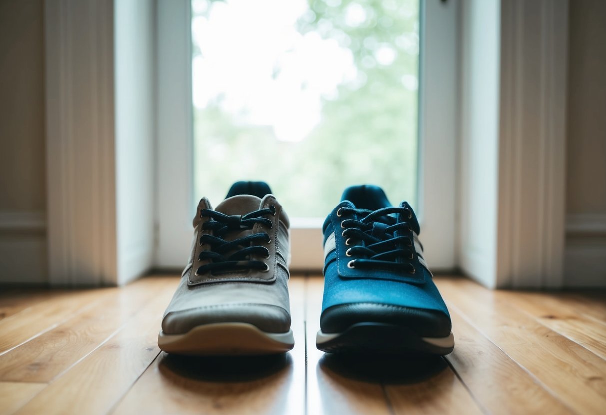 A pair of mismatched shoes placed side by side on a wooden floor, surrounded by soft natural light filtering through a window