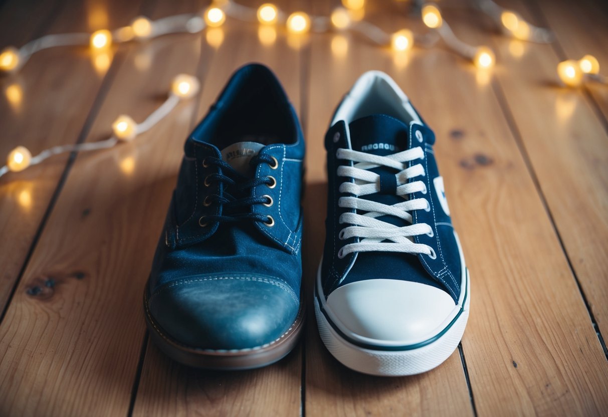 Two different shoes placed side by side on a wooden floor, with one shoe slightly worn and the other brand new, surrounded by soft, warm lighting